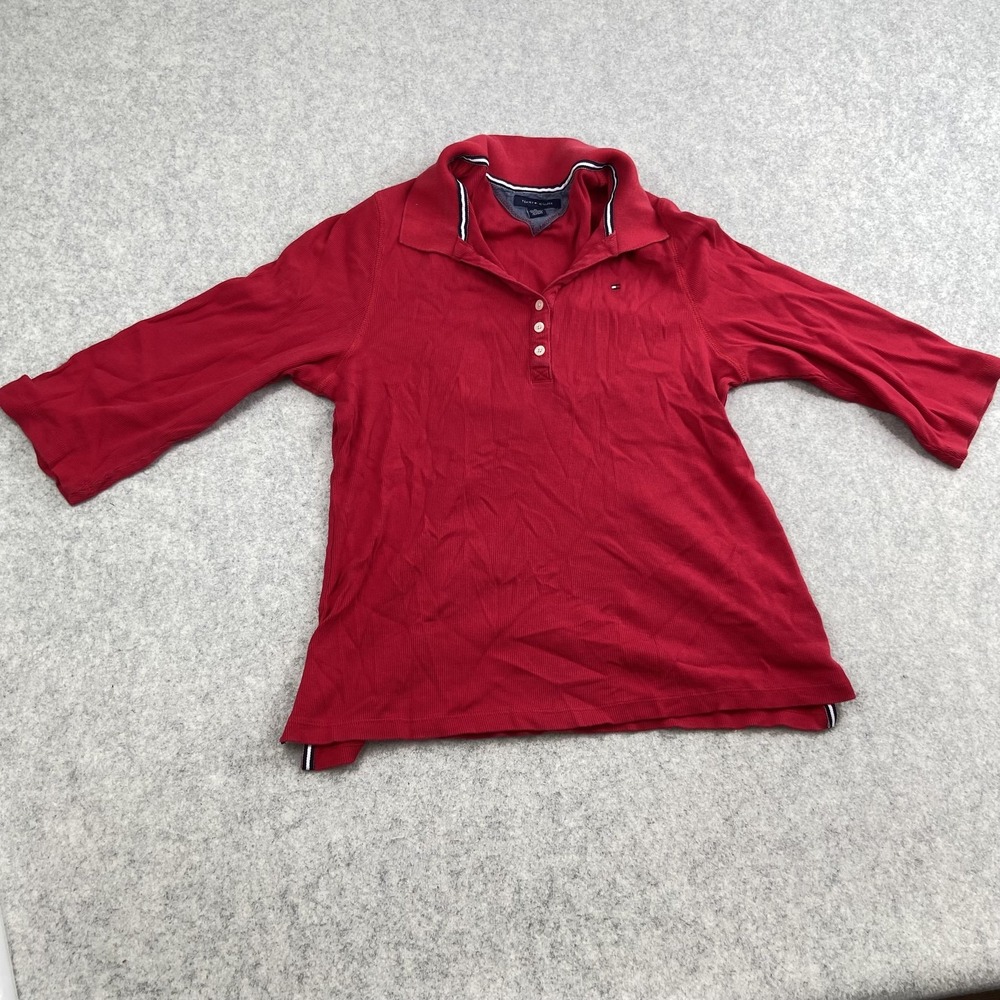 Tommy Hilfiger Girls XL Red Ribbed 3/4 Sleeve Polo Shirt Collared Cotton
